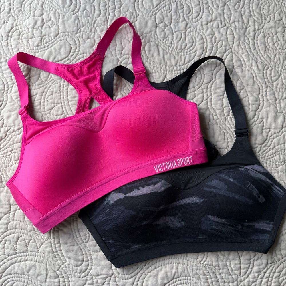 Set of 2 Victoria Sport On Point Incredible Sports Bra 34C Black Marble & Pink